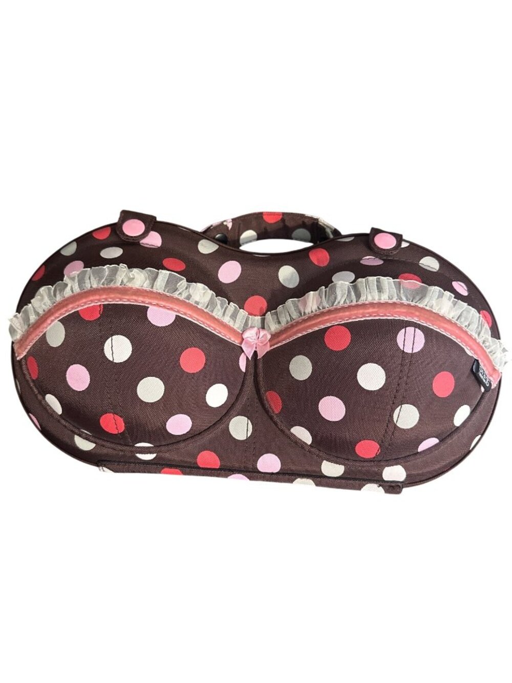 Brown Polka Dot Bra Travel Case With Ruffled Trim & Handle - Picture 2 of 6